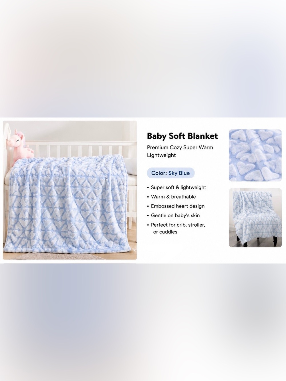 Baby Soft Blanket - Sky Blue Cozy Heart-Embossed Baby Throw 40”x50”